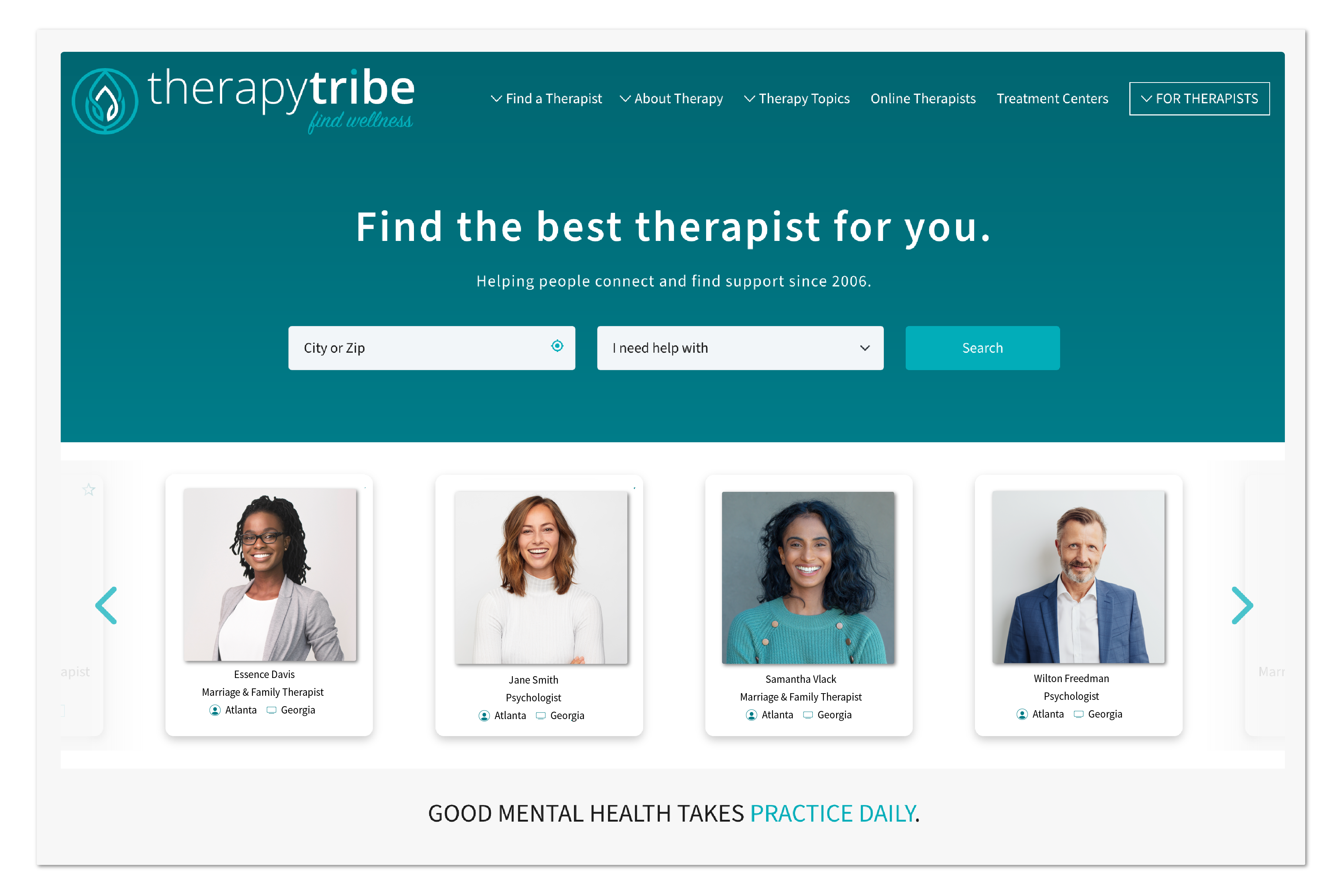 Illustration of the features for search and find the best therapist for you on Therapytribe. Also includes an example of the find a therapist near me on the homepage.