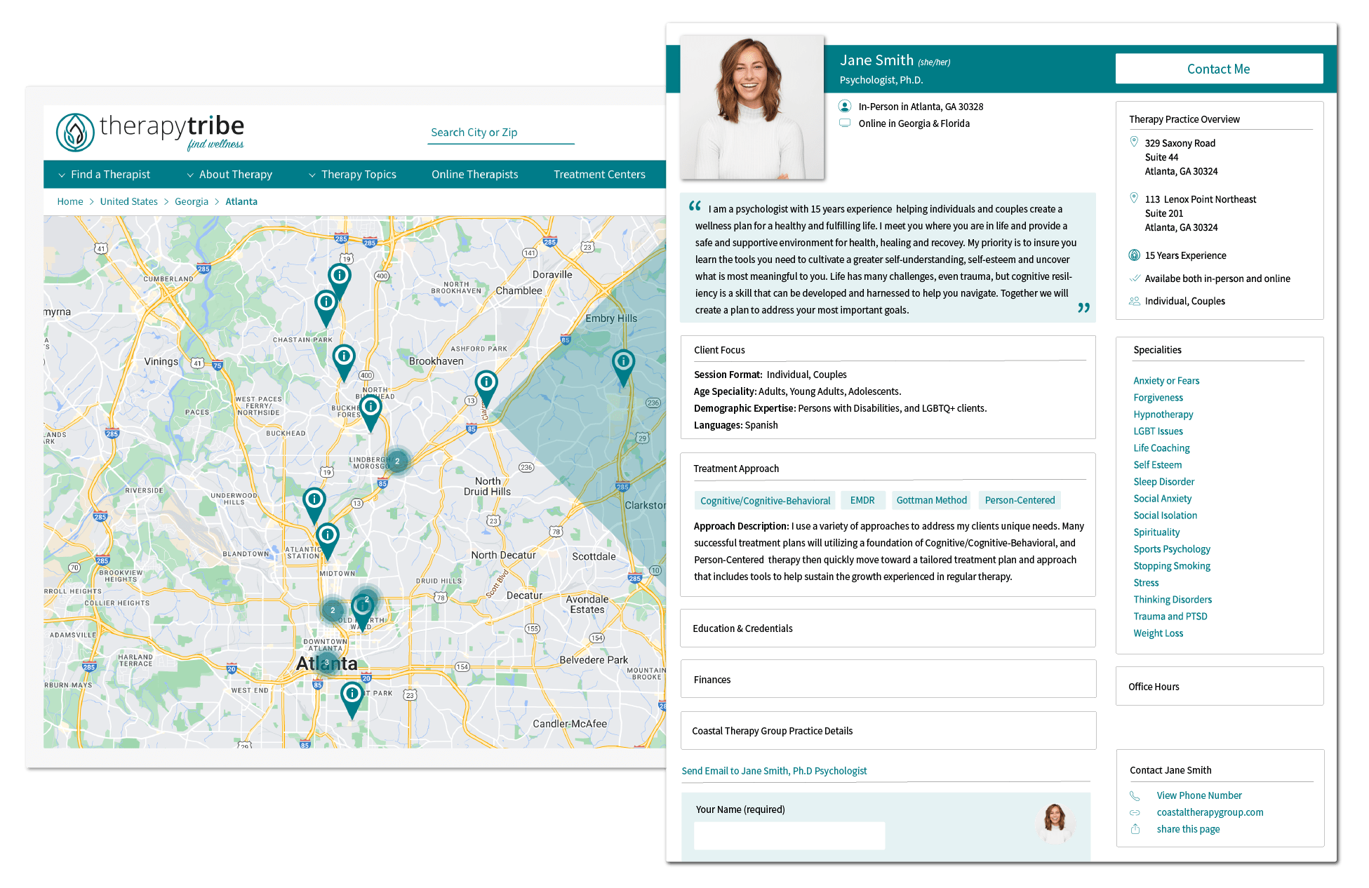 Illustration of a professional listing for a Psychologist on TherapyTribe therapist directory and the results map for find a therapist search. 